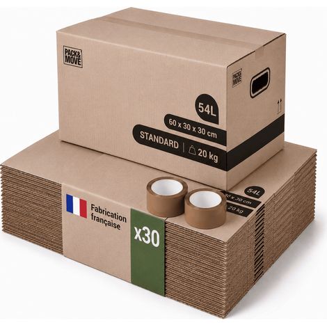 Pack and Move - Lot 30 cartons déménagement stockage standard - 60 x 30 x 30 cm - Poignées renforcées - 2 adhésifs offerts