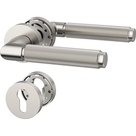 Poignée de porte intérieure Nickel brossé avec rosace ronde, ensemble béquille PZ avec cylindre européen, garniture de porte pour portes d'entrée et intérieures UK0098 (1/5)