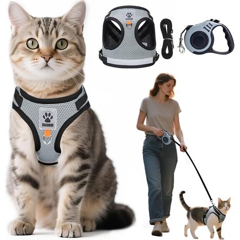 1 - Harnais Chat - Laisse Télescopique - Anti Fugue Réglable avec Bandes Réfléchissantes pour Promenade Extérieure Noir 35-40cm (1/5)