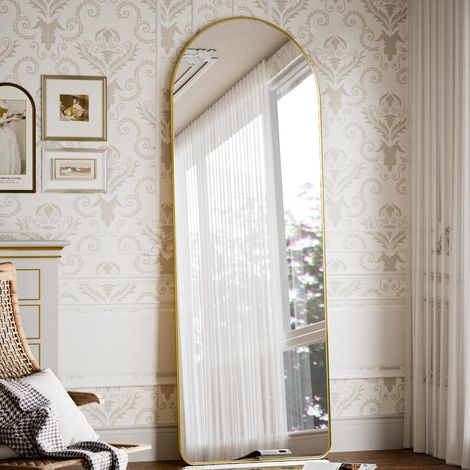 Miroir Complet bombé, avec Coins arrondis, 53 x 163 cm, Grand Miroir sur Pied, Debout Libre, Suspendu au Sol, Miroir de Dressing pour Le Salon, doré. (1/5)