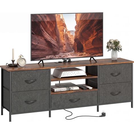 Meuble TV 140 cm, meuble télé 65 pouces, station de charge, 5 tiroirs en tissu, étagères ouvertes, 140x30x50cm, marron