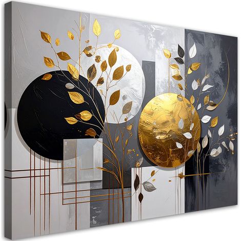 Leinwandbild Graue und goldene Abstraktion von Kreisen und Blättern 30x20 (1/5)