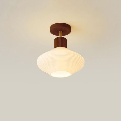 Plafonnier semi-encastré, moderne, proche du plafond, avec abat-jour en verre rainuré ondulé blanc, luminaires suspendus de ferme for chambre d'enfant, couloir, entrée (Couleur noyer sans ampoule) (1/4)