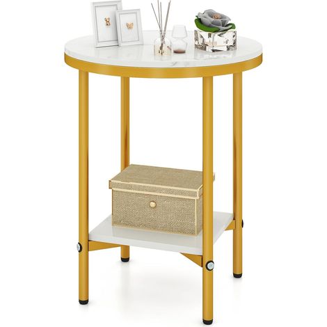 COSTWAY Table dAppoint Ronde en Faux Marbre, Bout de Canapé à 2 Niveaux, 40,5 x 40,5 cm, Cadre Métallique Doré, Petite Table Basse pour Salon, Chambre (1/5)