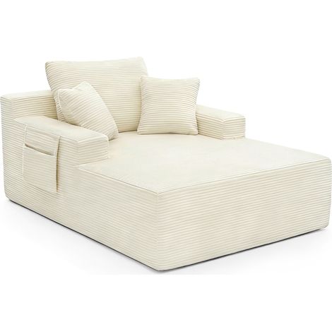 Canapé droit en velours côtelé beige avec poches latérales et coussins, assise confortable à ressorts et mousse haute densité pour salon, chambre, bureau - CHICFURN (1/5)