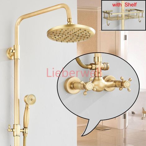 Ensemble de robinets de salle de bain et douche en laiton Antique, 8 pouces, support mural à double poignée, étagère de douche à main, systèmes chauds et froids, mélangeur système de douche de pluie (1/5)