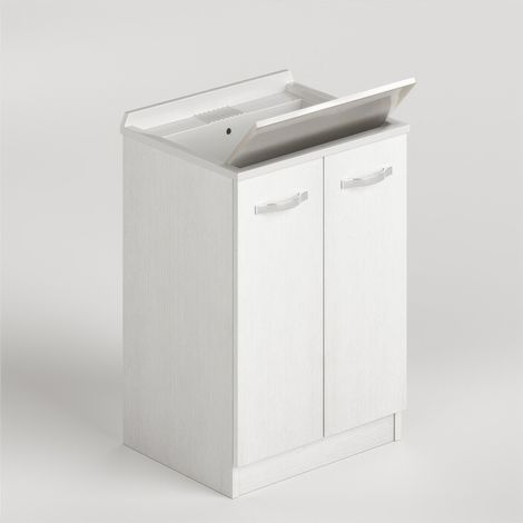 Meuble Bac � Laver Buanderie en Kit Blanc Fr�ne 61 x 50 x H 86 cm � 2 Portes Laundry