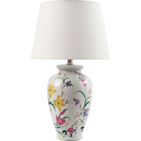 Lampada da tavolo elegante con base in porcellana Patten floreale Paralume in lino a tamburo Illuminazione bianco Acrosso