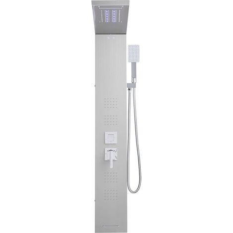 Douche Colonne avec Pluie et Cascade, LED, 53 cm Acier Inoxydable Brossé, Robinet 5 Fonctions, Montage Mural, Douchette à Main et Bec de Baignoire (1/5)
