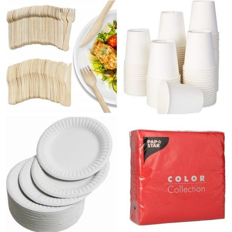 100 fourchettes en bois, 100 couteaux, 100 assiettes carton blanc jetables + gobelets 240 ml + serviettes rouges 33x33 cm pour pique-nique et événements extérieurs