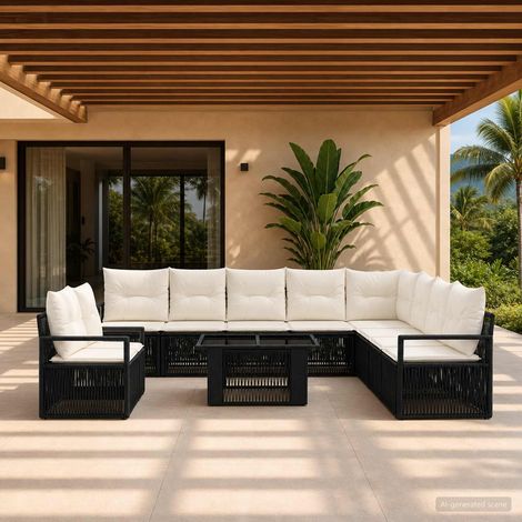 vidaXL Set Divano da Giardino 11 pz Nero e Bianco Crema polyrattan (1/5)