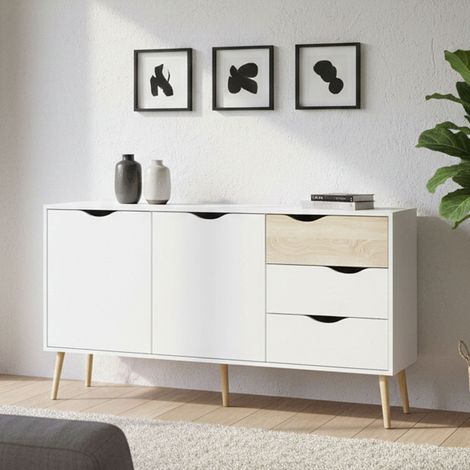 Dmora Aparador con dos puertas y tres cajones, blanco y roble, Medidas 147 x 81 x 39 cm, con embalaje reforzado (1/5)