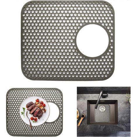 Tapis d'évier pliable en silicone gris foncé, tapis égouttoir, tapis de cuisine antidérapant et résistant à la chaleur, pour vaisselle et verres (trou au fond) (1/5)