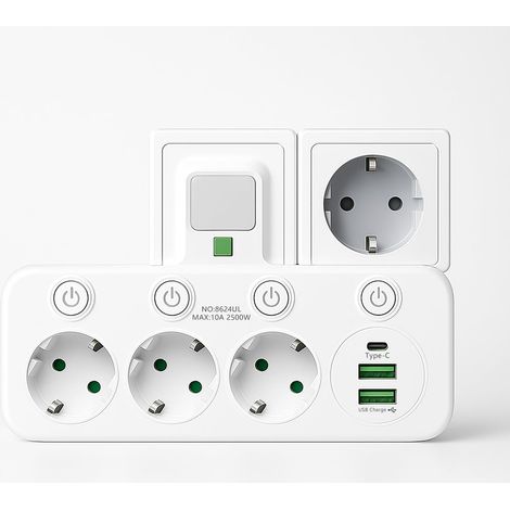 Multiprise Murale 6 Prises + 2 USB + 1 Type C avec Interrupteur Individuel et Veilleuse, 3 Prises Multiples pour Maison et Bureau