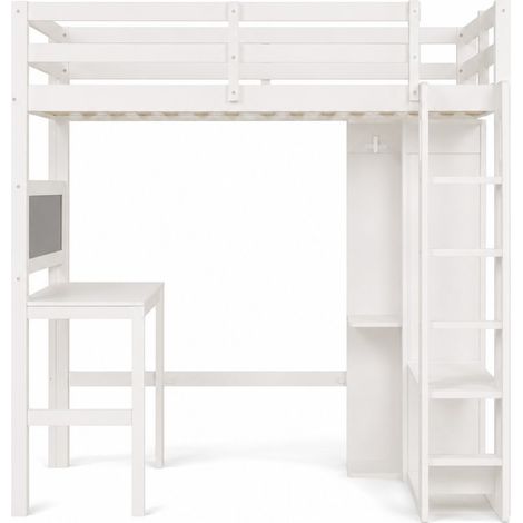 Lit mezzanine enfant avec bureau, armoire ouverte et étagères, sommier à lattes, barrière de protection, 90x200 cm, blanc, pin/MDF (1/5)