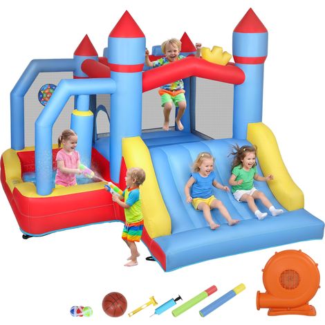Aiyaplay – Château gonflable 5 en 1 – Souffleur 350W – Toboggan, trampoline, panier de basket – Dimensions 277x270x215cm – Charge max 90kg