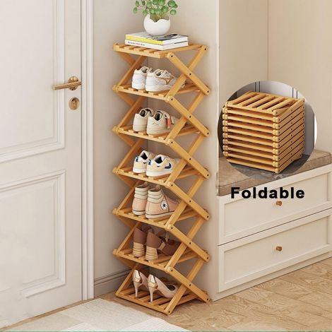 Étagère à chaussures. meuble à chaussures . étagère d'entrée. placard. chambre à coucher. couloir. naturel. fonctionnel. multifonction (couleur bois). 7 couches étagère pliante en bambou pour chaussur (1/5)