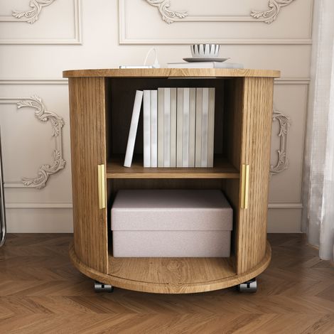 Table de chevet ronde, porte coulissante, aspect chêne, 60 x 60 x 60 cm OKMYHOME (1/5)