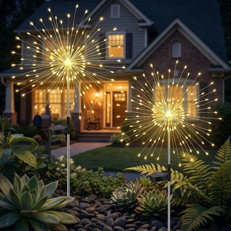 Lot de 2 lampes solaires de jardin avec 120 LED - Lampadaires solaires pour jardin, IP65 - Lampes solaires pour l'extérieur - 2 modes - Éclairage de jardin en forme de feu d'artifice et de (1/5)