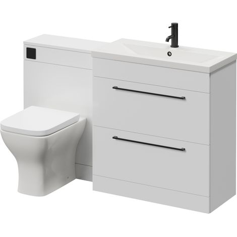 Napoli 390 Cento Gloss White 1400mm 2 Drawer Vanity Unit Toilet Suite with Glide Basin - 1400mm - Matt Black 480mm HandleWith Kingston Toilet Pan and Seat