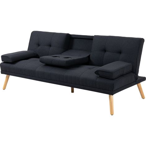 Sofá cama, sofá cama de 3 plazas con mesa plegable, portavasos, sofá cama con aspecto de lino, diseño escandinavo, capacidad de carga hasta 250 kg, para salón, gris