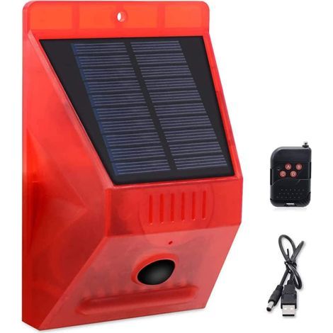 ChunHee Alarme Solaire Flash Lumineux avec Télécommande Détecteur de Mouvement Alarme Extérieure Lumineux 129db Son Sirène de Sécurité Lumineux IP65 étanche Protégé (1/5)