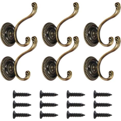 Set of 6 Vintage Double Coat Hooks, Heavy Duty Wall Hooks, Clothes Hooks, Master Bedroom Hooks, Decorative Door Hooks with Screws for Bathroom Kitchen, Bronze (1/5)