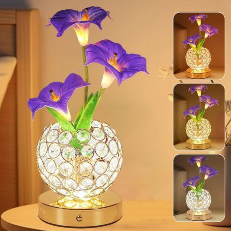 Lampe de table en forme de fleur, 3 couleurs, veilleuse en cristal à intensité variable en continu, lumière artificielle rechargeable, fleur LED avec vase, décoration romantique pour rendez vous (1/5)