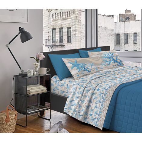 Completo Letto Stampato Made In Italy 100 % Cotone Set Lenzuolo Sopra Sotto Federe Marina Azzurro - Matrimoniale