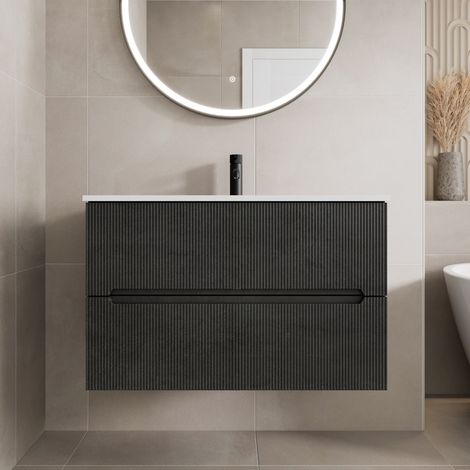 800mm Bathroom Cloakroom Vanity Unit Basin Sink Wall Hung Black Fluted Unit (1/5)