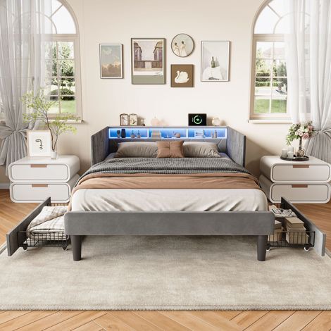 Letto singolo 140x200 cm, con testata in velluto, barriera di sicurezza removibile, 2 cassetti, funzione di ricarica USB e luce LED - Grigio