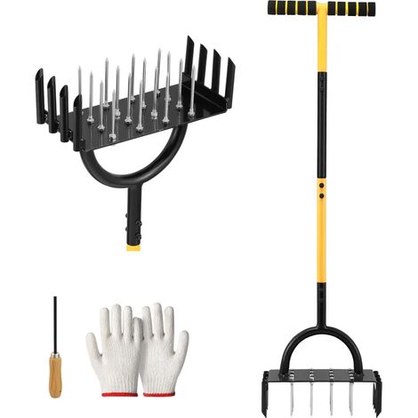 Aérateur de pelouse manuel 16 pointes – Dents en acier inoxydable de 9 cm, manche en T réglable, pliant, avec outil de désherbage, pour sol compacté (1/5)