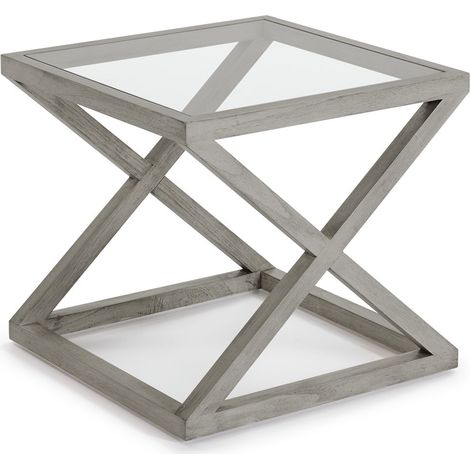Table d'appoint carrée verre et bois massif gris voilé Orina (1/4)