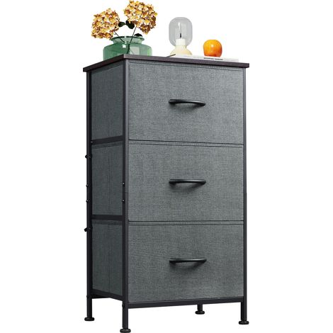 Commode 3 tiroirs en tissu avec plateau en bois et structure en acier, meuble de rangement pour chambre, salon ou chambre enfant, gris (1/5)