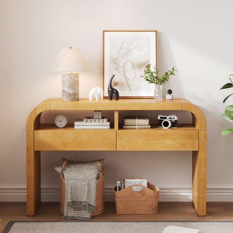 Console moderne avec tiroirs, structure dorée, pieds réglables et poignées élégantes.