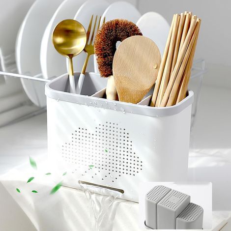Soporte para cubiertos con 3 compartimentos, bandeja recogegotas para cubiertos, soporte para utensilios de cocina, bandeja para cubiertos, tenedores, cuchillos y cucharas (gris) (1/3)