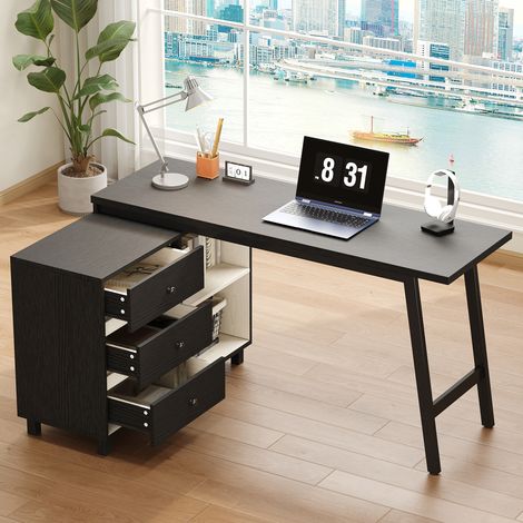 Escritorio en L de MDF y metal 150 x 100 x 76 cm negro y blanco con 3 cajones y 2 estantes (1/5)