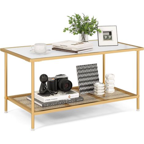 COSTWAY 2-Tier Coffee Table Rectangle Cocktail Accent Table with Tempered Glass Top (1/5)