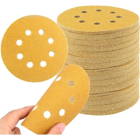 Lot de 50 disques abrasifs de 125 mm, 5 disques de ponçage ronds à 8 trous de 12,7 cm (sable jaune) (1/5)