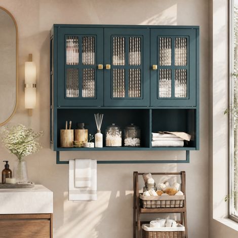 Armadietto bagno da parete a 3 ante in MDF e vetro temperato, verde scuro, 88 x 26 x 82,5 cm (1/5)