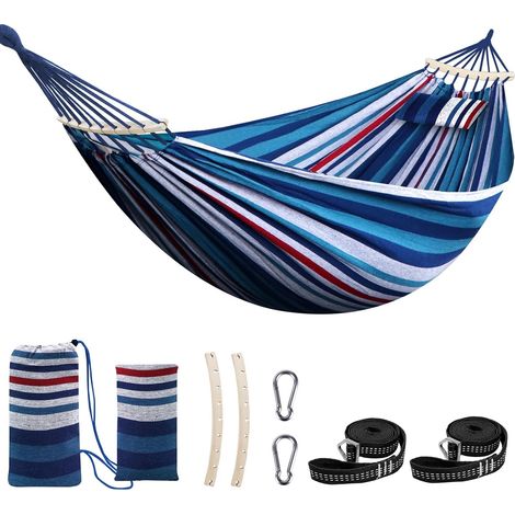 Coton Hamac Grand hamac Souple Respirant Hamac de Camping Peut Supporter jusqu'à 300KG Hamac d'arbre Portable avec Barre d'écartement détachable Oreiller 2 Sangles Solides 2 mousquetons (1/5)