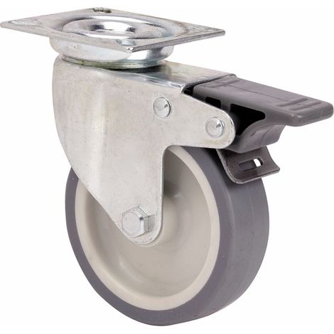 Rotella girevole in gomma con piastra, asse liscio e freno, grigia, max. carico 40 kg, ø 5 cm