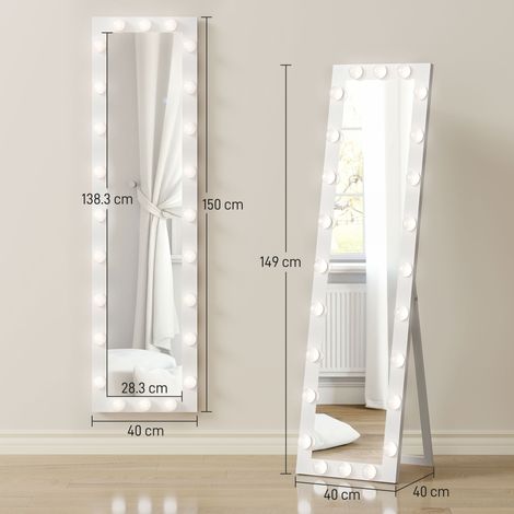 Miroir sur pied 150 x 40 cm, miroir LED avec 24 ampoules, 3 couleurs de lumière, à poser ou à incliner, blanc (1/5)