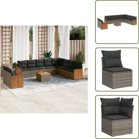 11-tlg. Garten-Sofagarnitur mit Kissen Grau Poly Rattan - Gartenmöbel Set - Esszimmergarnitur - Outdoor Möbel - Lounge Garnitur - Rattan Gartenmöbel (1/5)
