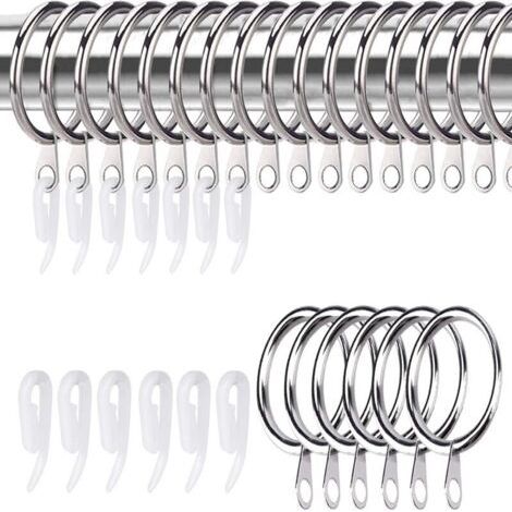 Pair Lot de 25 anneaux de rideaux en métal argenté et crochets en plastique   Diamètre intérieur 30 mm pour suspendre rideaux, douches, portes, fenêtres et tringles à rideaux