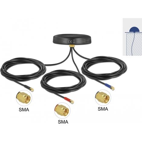 Delock Antena GNSS multibanda LTE UMTS GSM GNSS 3 x SMA macho omnidireccional para montaje en techo para exteriores en negro