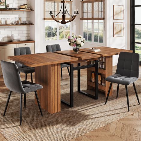 Table à manger rectangulaire extensible 120-160-200x80x78 cm en MDF effet bois, table moderne avec pieds métal pour salle à manger - Marron foncé (1/5)