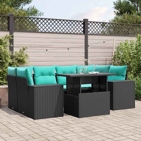 7-teiliges Gartensofa-Set mit Kissen, schwarzes Polyrattan (1/5)