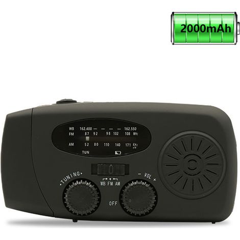Radio d'urgence avec panneau solaire, manivelle, indicateur météo avec lampe torche LED, chargeur de téléphone portable, version européenne.