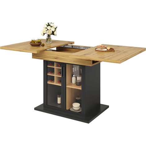 ELVMI Tavolo da Pranzo per 4-6 Persone Allungabile con Portabottiglie e Anta in Vetro 110×80×76 cm Nero (1/5)